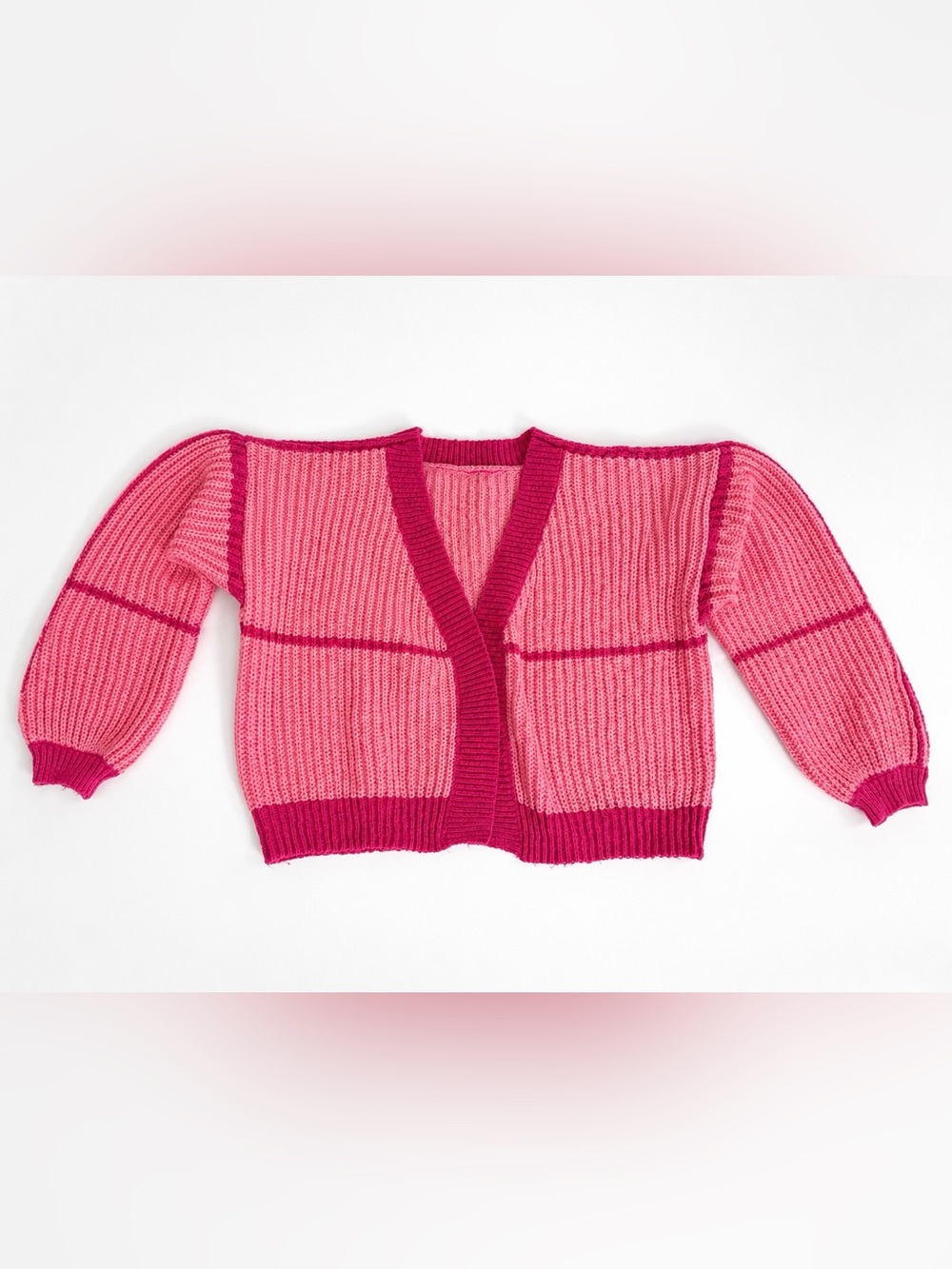 Pink Colorblock Chunky Knit Cropped Cardigan Sweater Size L Coquette Balletcore - Picture 2 of 11